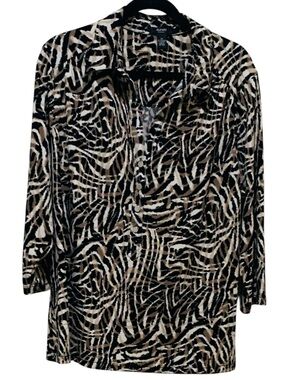 Alfani Collared 3/4 Sleeve Animal Inspired Black Tan Cream Printed Buttons 2X
